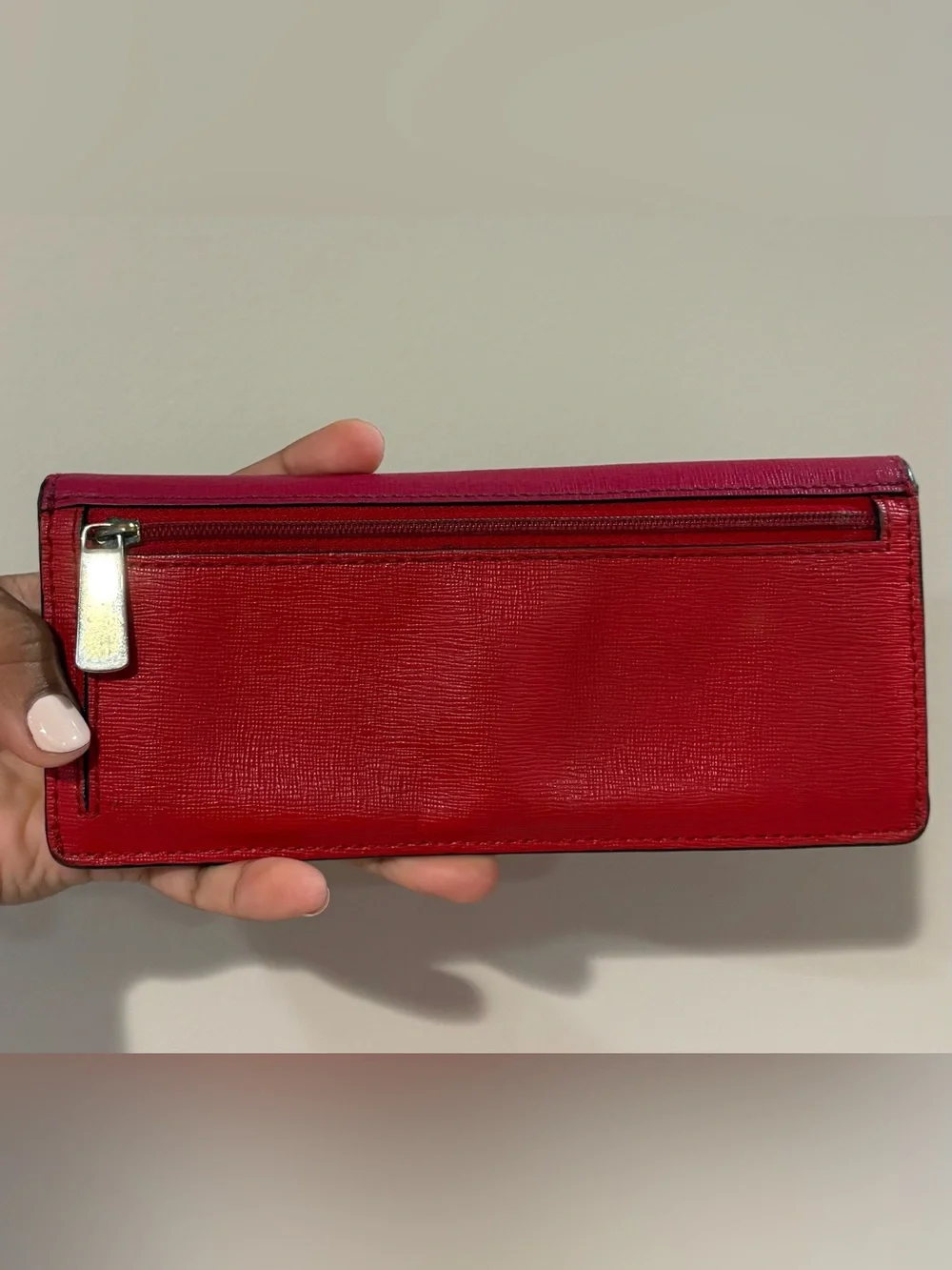 Coach Two Tone Pink And Red Saffiano Leather Slim Wallet